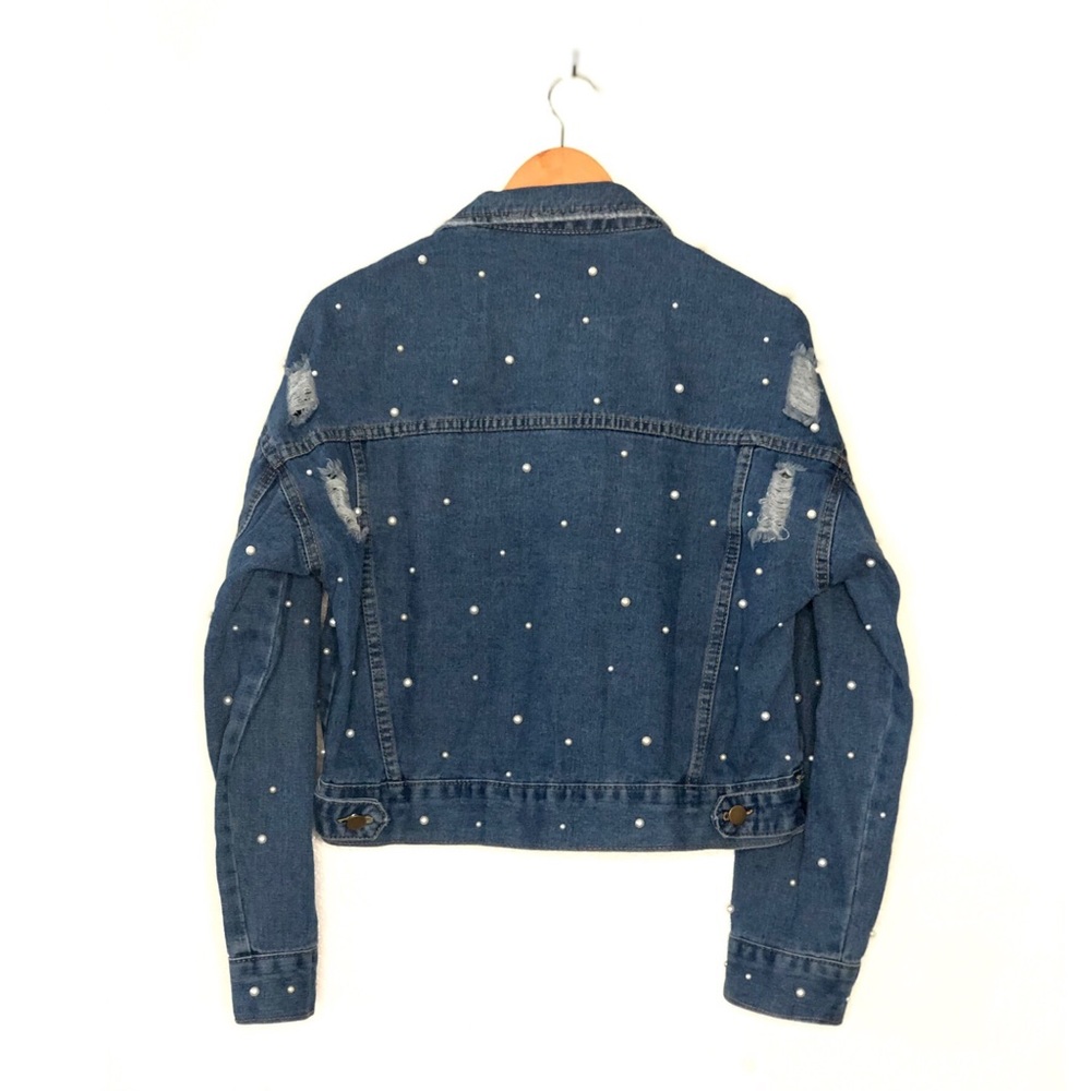 Pearls Beaded Distressed Denim Oversized Jacket - Picture 6 of 6